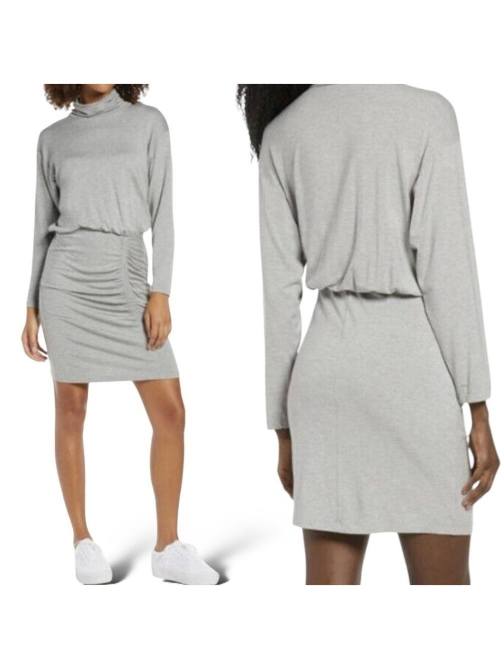 FRAICHE Rayon Blend Grey Rusched Front Turtle Neck Long Sleeve Dress MADE IN USA